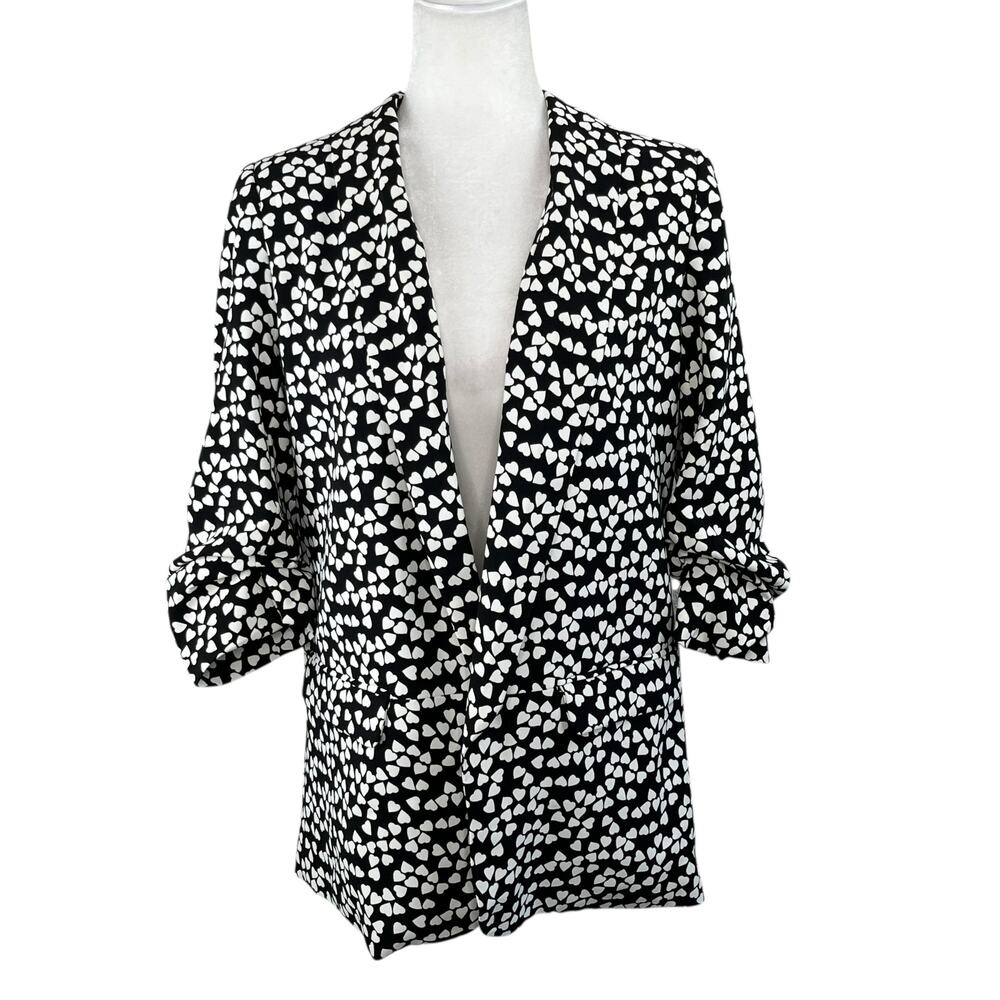 Premise Whimsical Heart Print Ruched Sleeve Open Front Blazer Black White 10 NWT